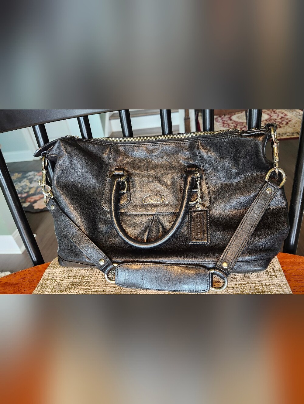 Coach Black Ashley Leather Shoulder Bag with Signature Script